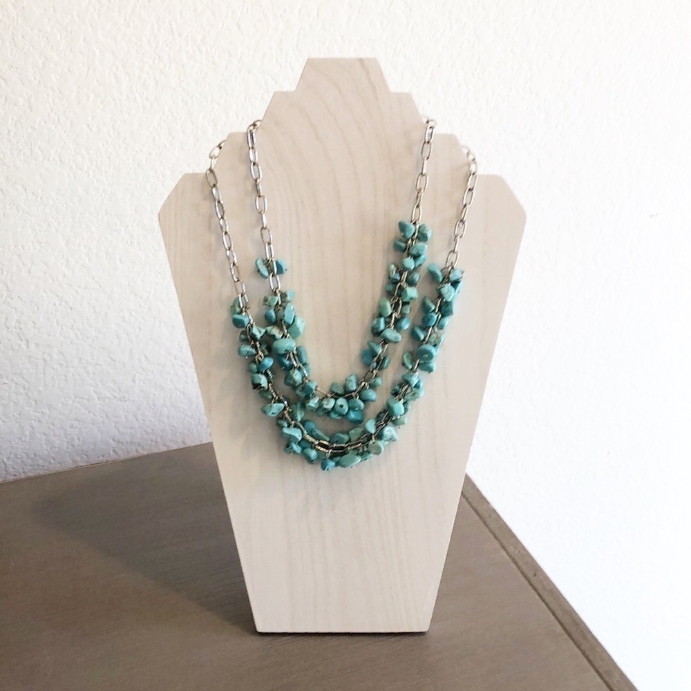 Turquoise/silver gemstone chips double tiered necklace